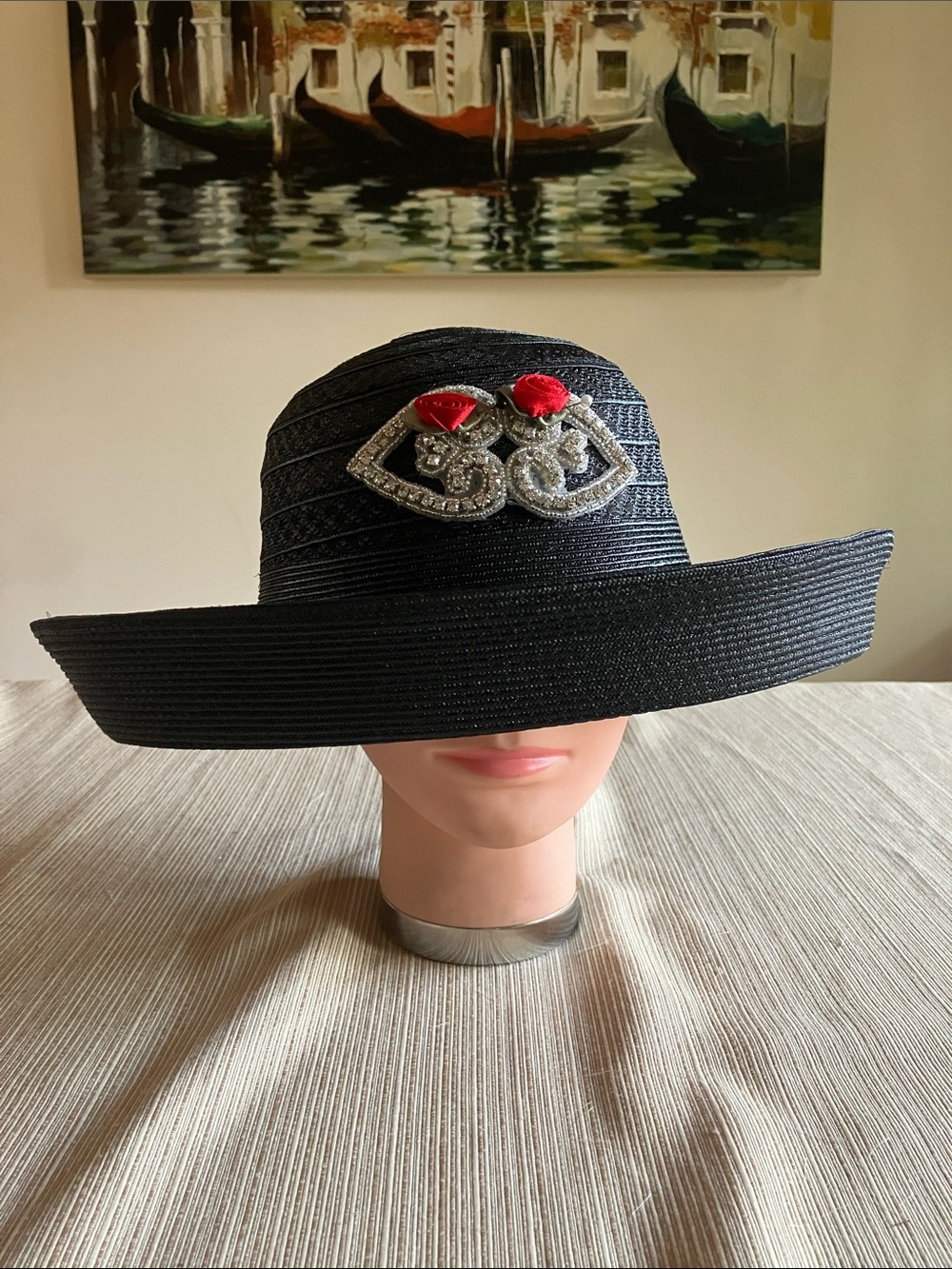 Elegant Black Wide-Brim Hat with Red Rose and Silver Rhinestone Beaded Accent